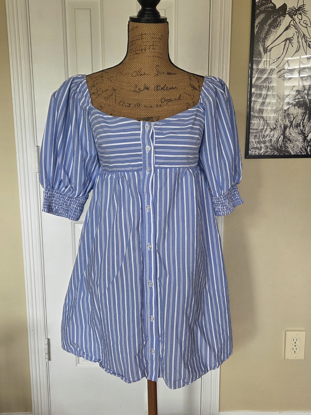 Women's Blue And White Striped Dress With Puff Sleeve